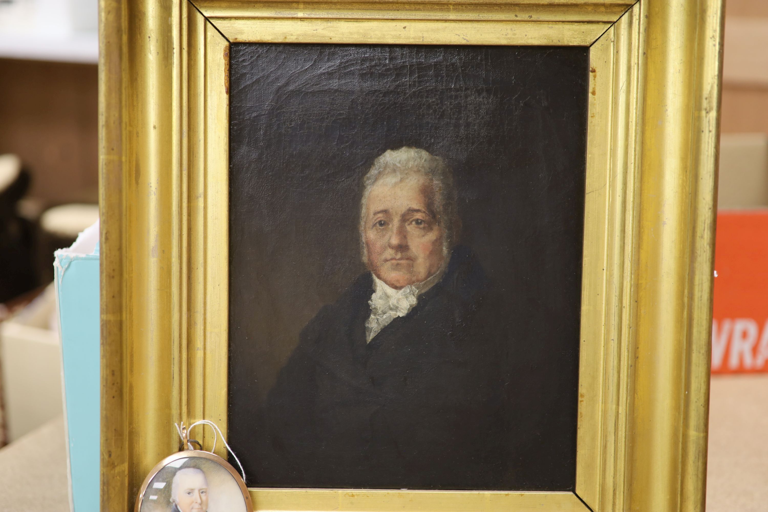 Early 19th century English School, oil on ivory miniature and an oil on canvas, Portraits of Dr Hugh Ley (1762-1826), 7 x 5.5cm and 24
